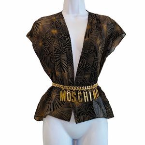 Silk Chiffon Print Deep V Pleated Blouse Size S